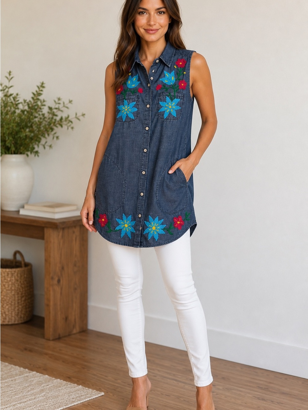 J. Jill Embroidered Chambray Tunic Top‎ | ShortDress – Women’s Small - Picture 2 of 14